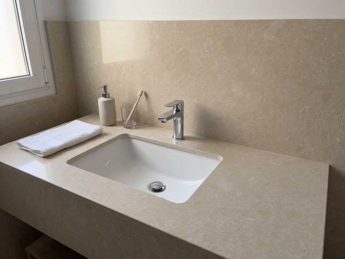 Cubierta de lavabo y pared de baño en Mármol Sintético Ecrù con Resina con lavamanos blanco y grifería cromada: superficie crema lisa y homogénea, casi sin dibujo