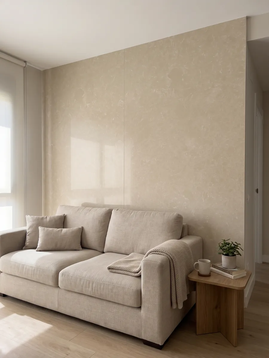 Pared de sala revestida con placas de Mármol Sintético Ecrù con Resina abiertas en libro detrás de un sofá: superficie crema lisa y homogénea, casi sin dibujo