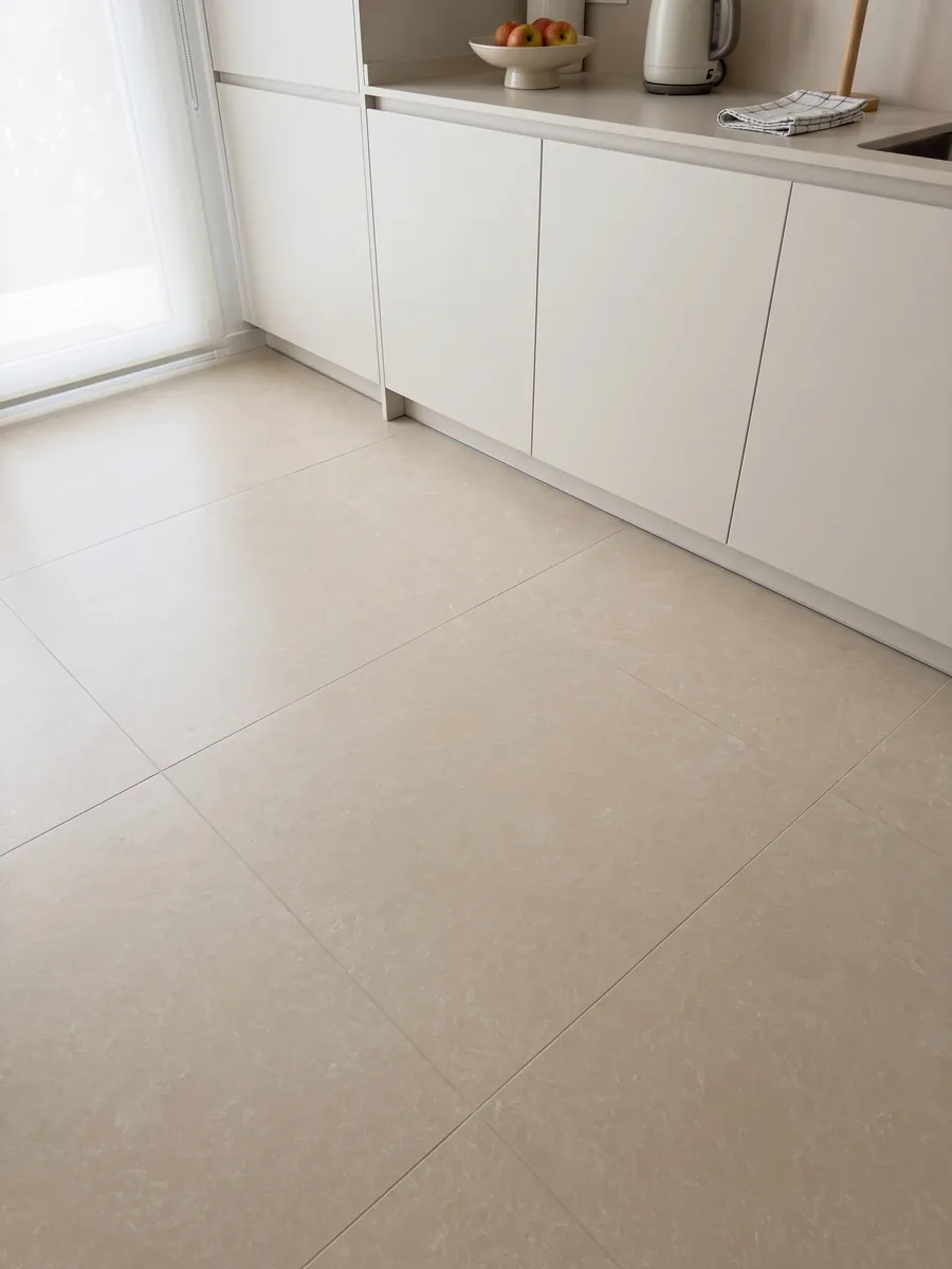 Piso de cocina en placas grandes de Mármol Sintético Ecrù con Resina: superficie crema lisa y homogénea, casi sin dibujo