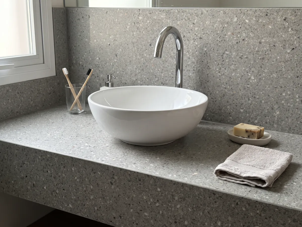 Cubierta de lavabo y pared de baño en Mármol Sintético Fior di Pesco Grey con Cemento con lavamanos blanco y grifería cromada: gris medio con pequeños fragmentos blancos y oscuros, estilo terrazo fino