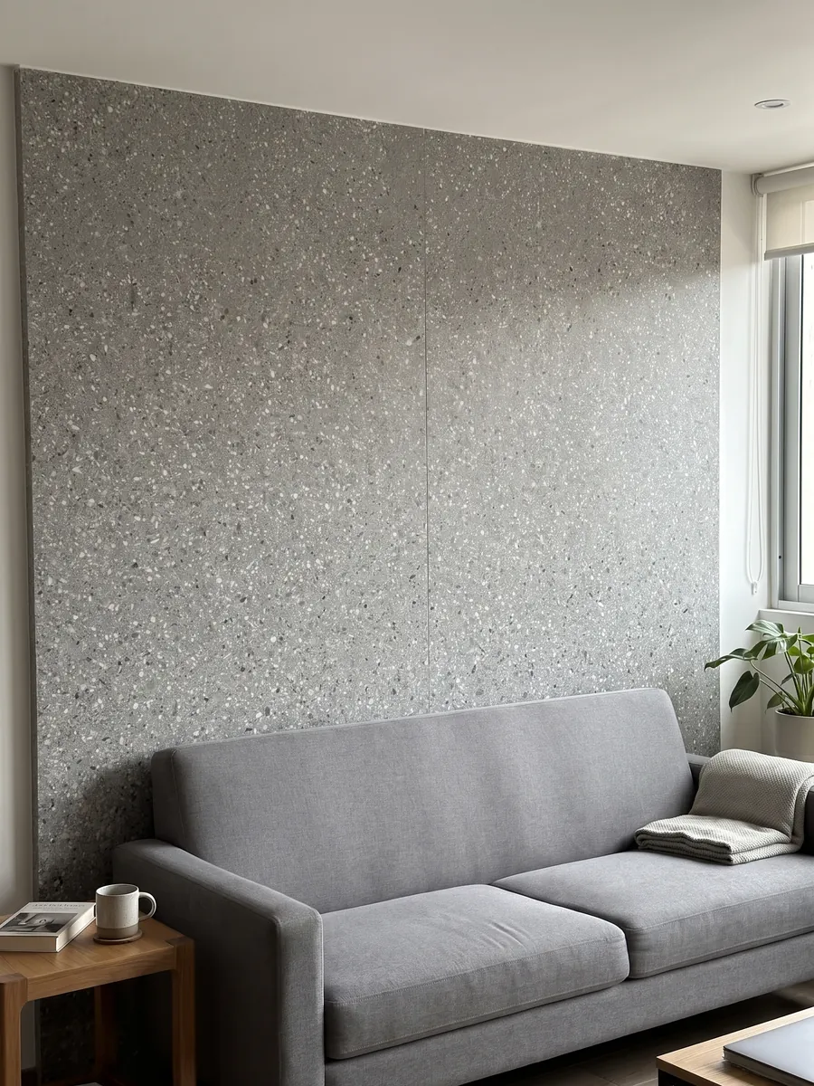 Pared de sala revestida con placas de Mármol Sintético Fior di Pesco Grey con Cemento abiertas en libro detrás de un sofá: gris medio con pequeños fragmentos blancos y oscuros, estilo terrazo fino
