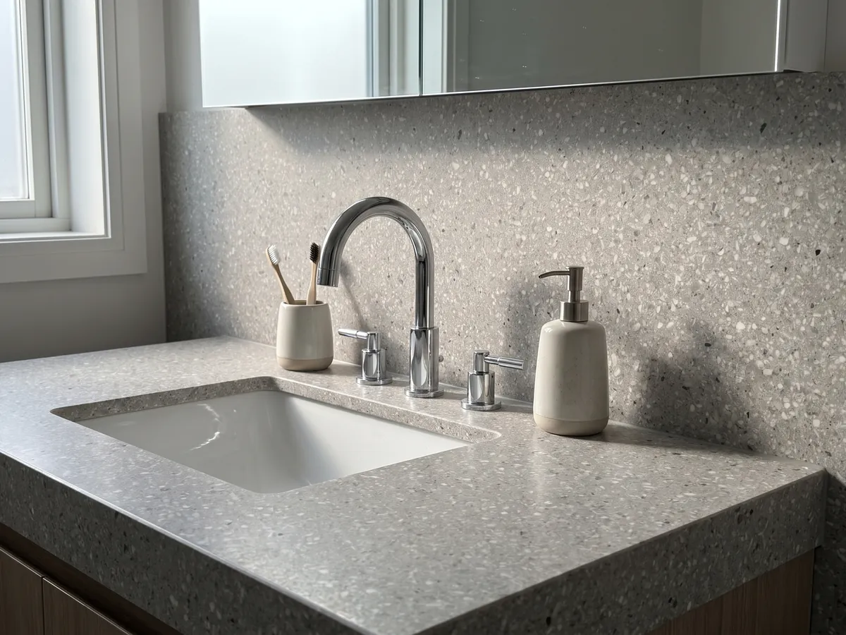 Cubierta de lavabo y pared de baño en Mármol Sintético Fior di Pesco Grey con Resina con lavamanos blanco y grifería cromada: gris claro salpicado de muchos fragmentos blancos pequeños, estilo terrazo