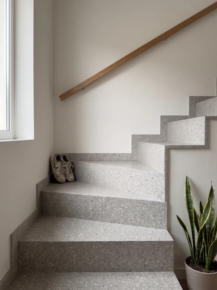 Escalera interior con peldaños de Mármol Sintético Fior di Pesco Grey con Resina con pasamanos: gris claro salpicado de muchos fragmentos blancos pequeños, estilo terrazo