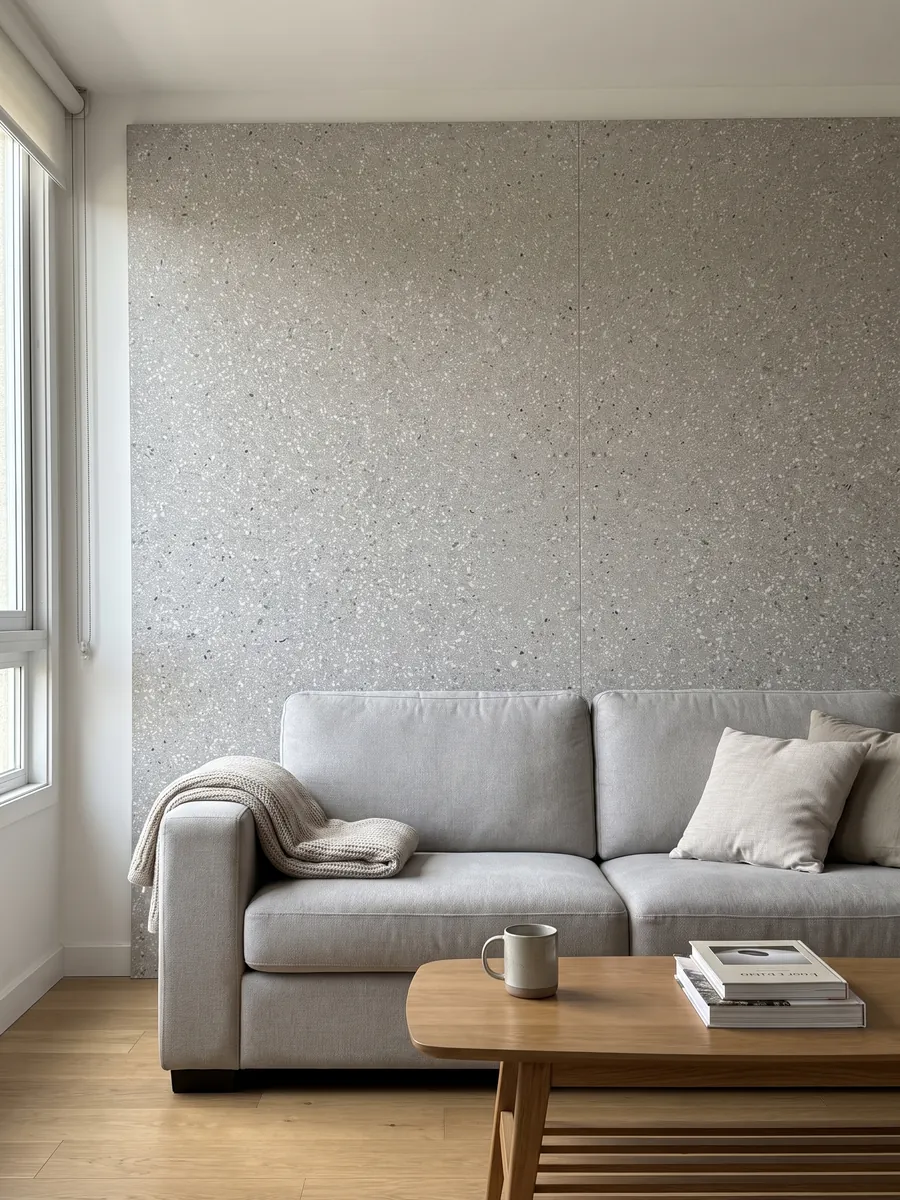 Pared de sala revestida con placas de Mármol Sintético Fior di Pesco Grey con Resina abiertas en libro detrás de un sofá: gris claro salpicado de muchos fragmentos blancos pequeños, estilo terrazo
