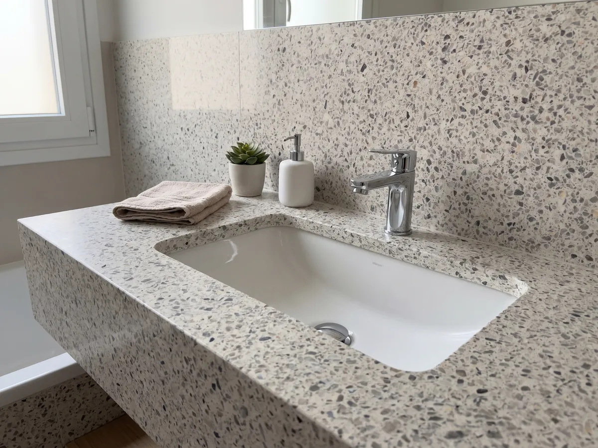 Cubierta de lavabo y pared de baño en Mármol Sintético Fior di Pesco White con Resina con lavamanos blanco y grifería cromada: fondo marfil con fragmentos grises y oscuros repartidos, estilo terrazo