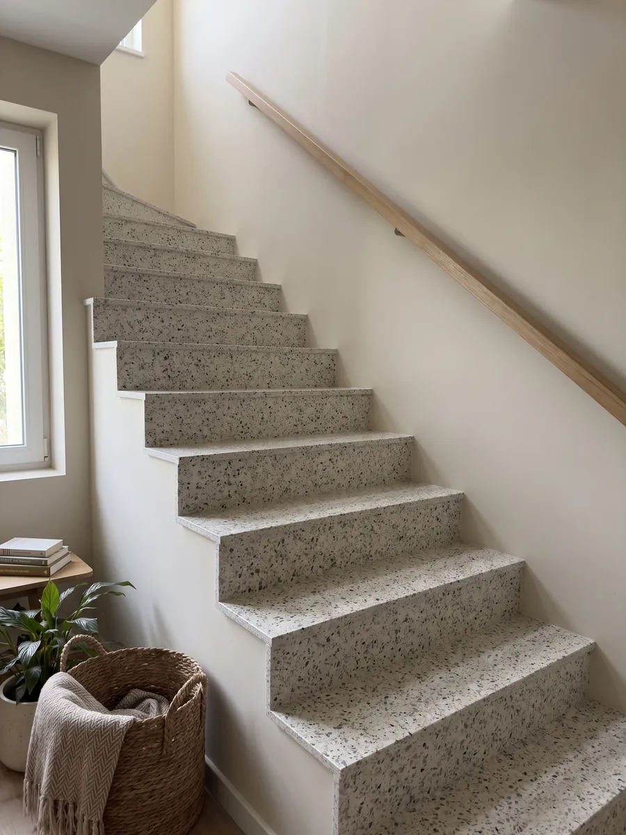 Escalera interior con peldaños de Mármol Sintético Fior di Pesco White con Resina con pasamanos: fondo marfil con fragmentos grises y oscuros repartidos, estilo terrazo