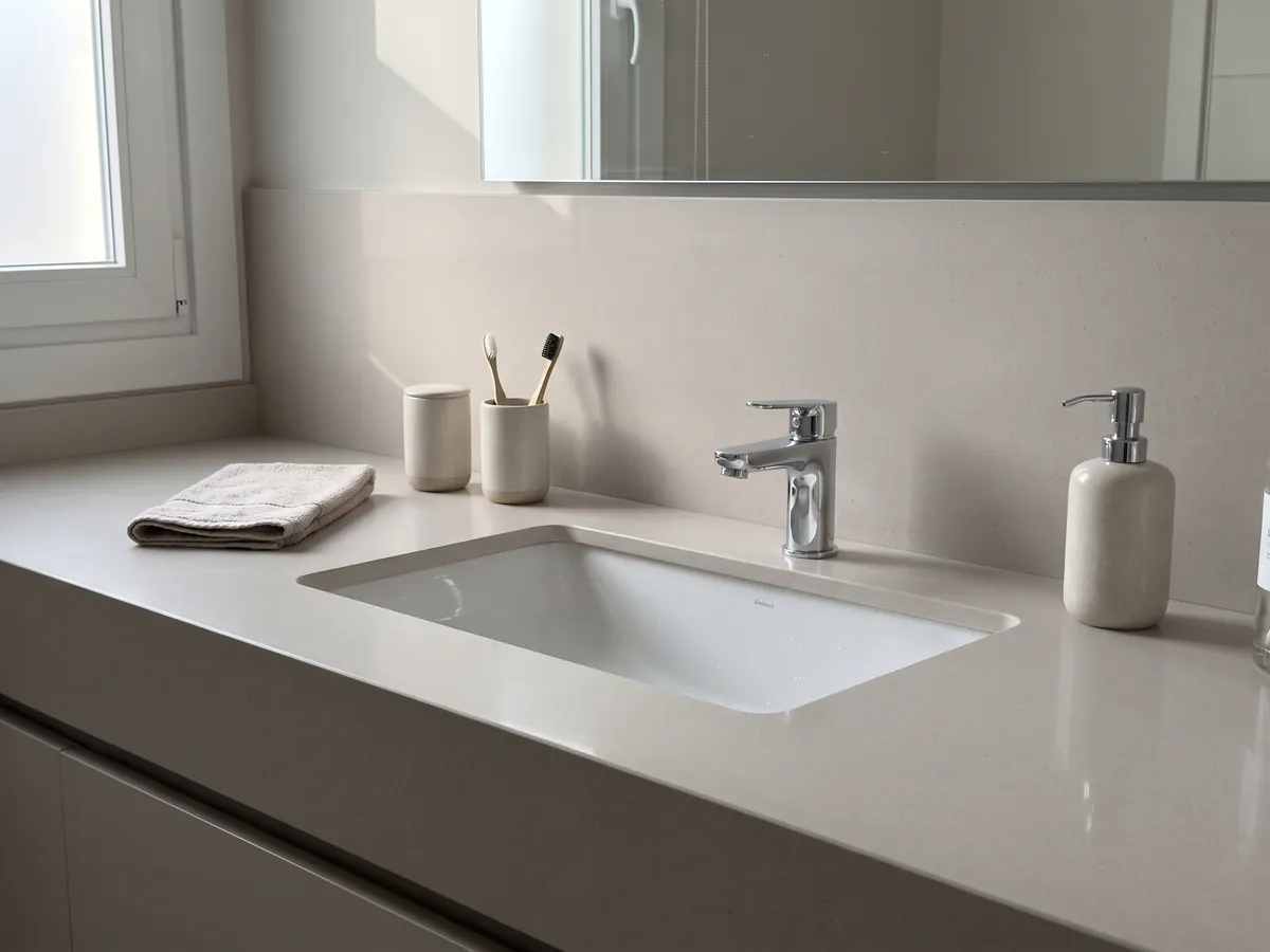 Cubierta de lavabo y pared de baño en Mármol Sintético Veselje con Resina con lavamanos blanco y grifería cromada: color liso gris perla cálido; la imagen no muestra textura, solo un degradado de luz