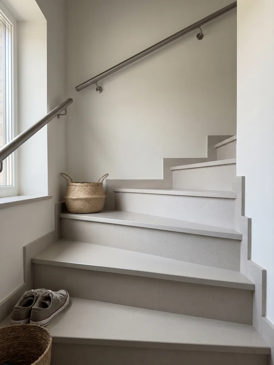 Escalera interior con peldaños de Mármol Sintético Veselje con Resina con pasamanos: color liso gris perla cálido; la imagen no muestra textura, solo un degradado de luz