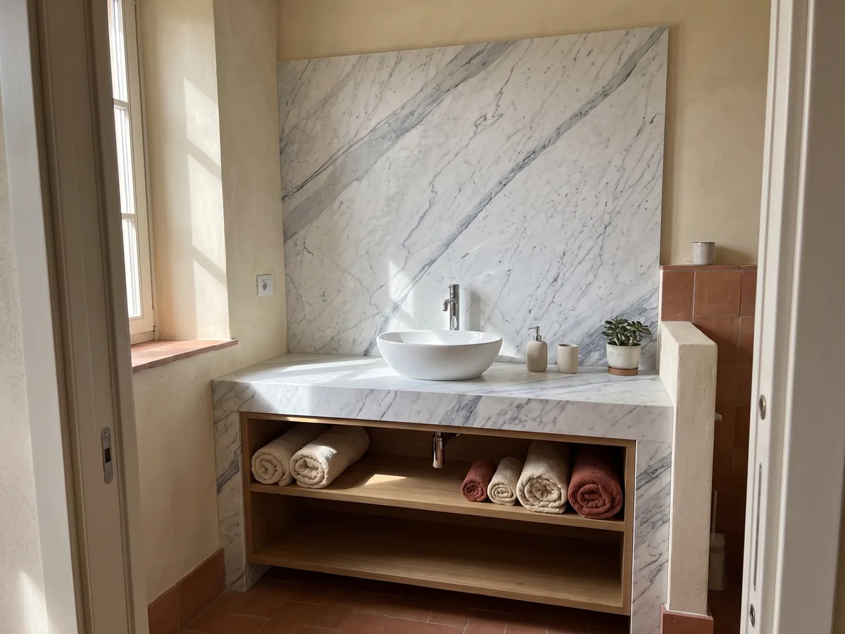 Cubierta de lavabo y pared de baño en Mármol Statuarietto con lavamanos blanco y grifería cromada: blanco con vetas gris azulado en diagonal
