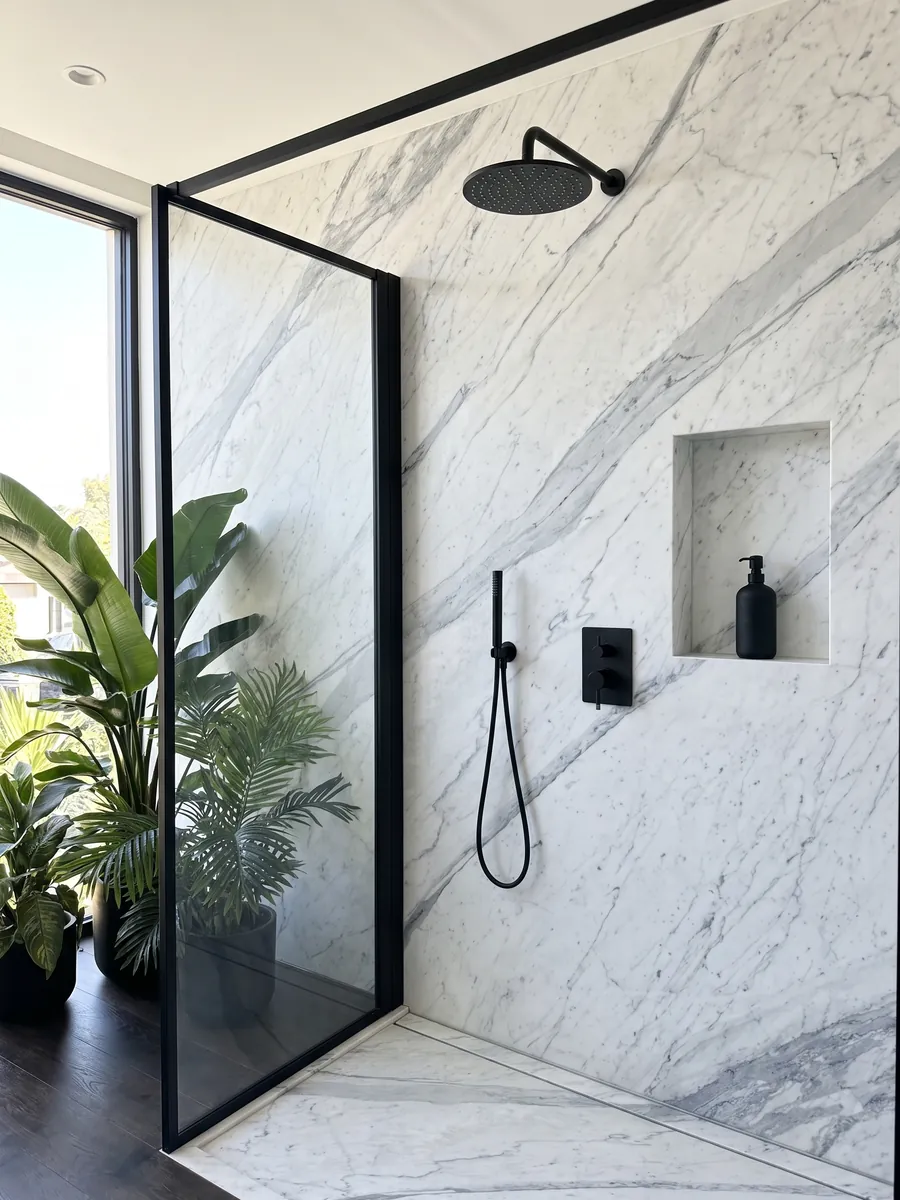 Ducha revestida con placas enteras de Mármol Statuarietto con nicho empotrado: blanco con vetas gris azulado en diagonal
