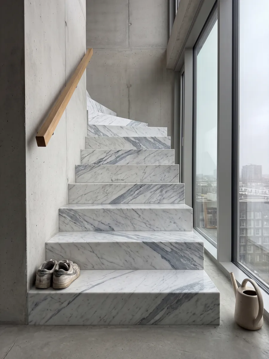 Escalera interior con peldaños de Mármol Statuarietto con pasamanos: blanco con vetas gris azulado en diagonal