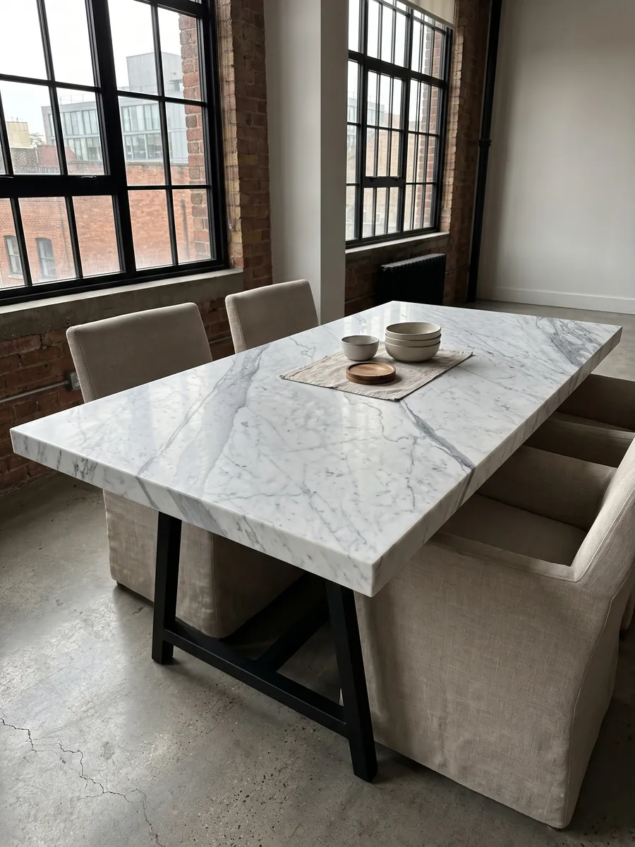 Mesa de comedor con cubierta de Mármol Statuarietto sobre base de acero: blanco con vetas gris azulado en diagonal