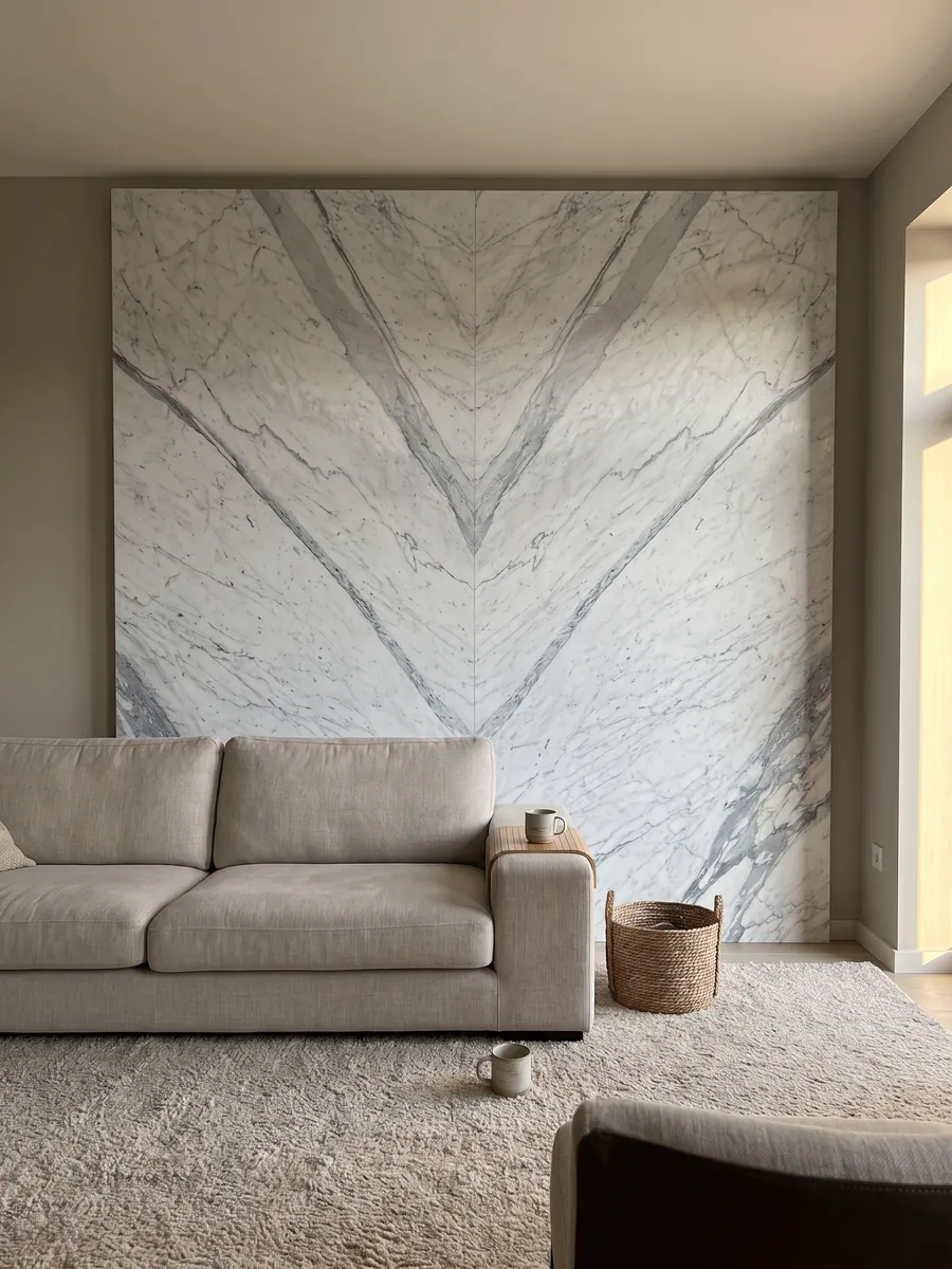 Pared de sala revestida con placas de Mármol Statuarietto abiertas en libro detrás de un sofá: blanco con vetas gris azulado en diagonal