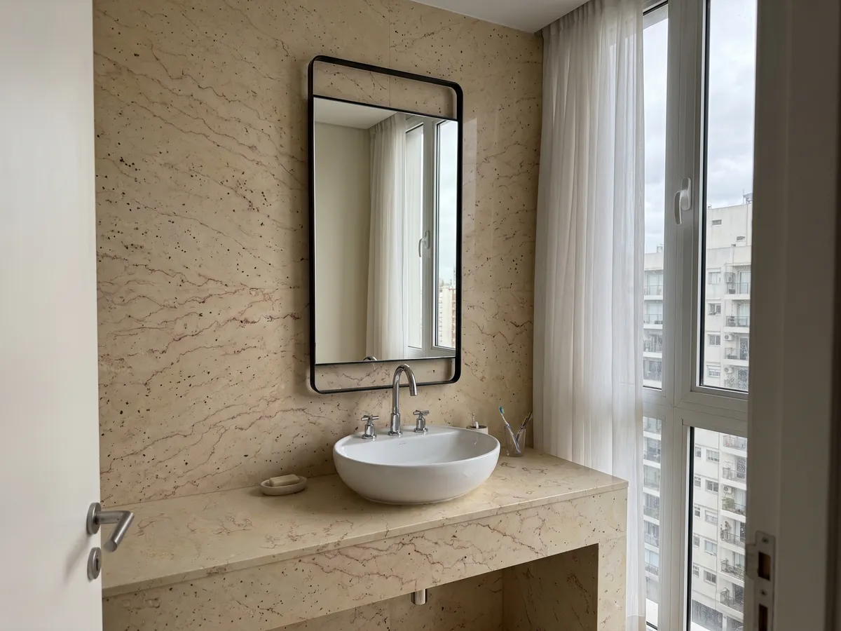 Cubierta de lavabo y pared de baño en Mármol Trani Filetto Rojo con lavamanos blanco y grifería cromada: fondo crema con finos filamentos rojizos sinuosos y pequeños puntos oscuros aislados
