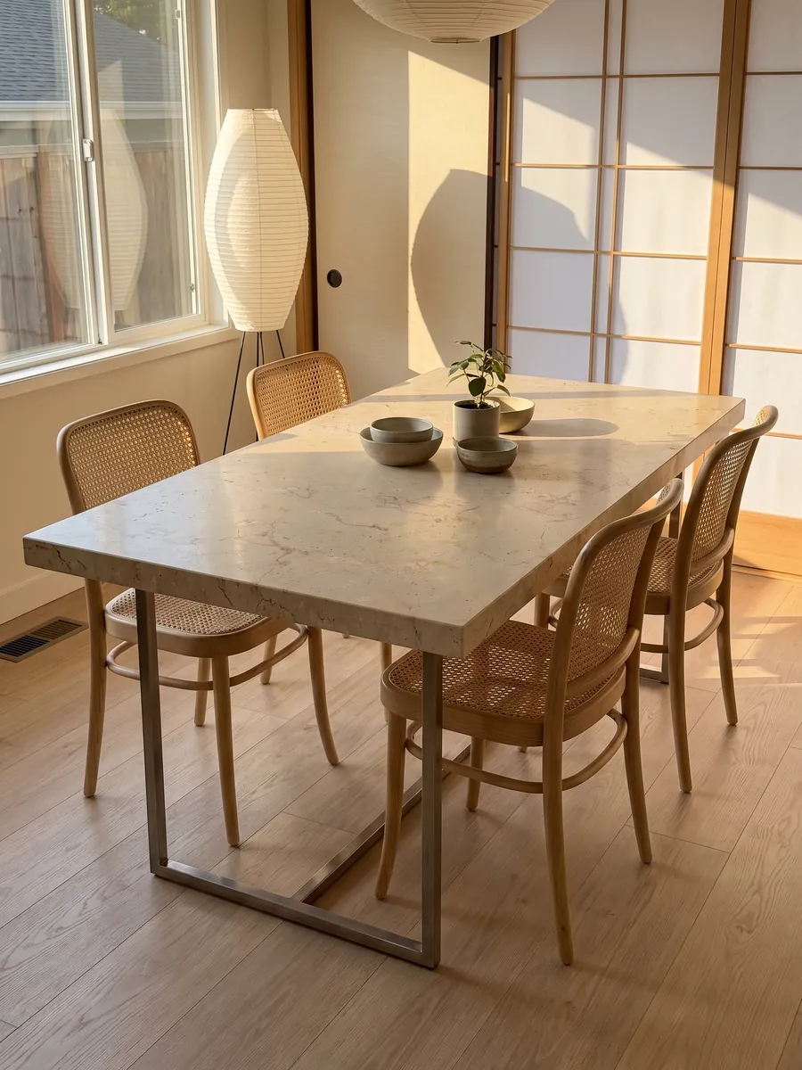 Mesa de comedor con cubierta de Mármol Trani Filetto Rojo sobre base de acero: fondo crema con finos filamentos rojizos sinuosos y pequeños puntos oscuros aislados