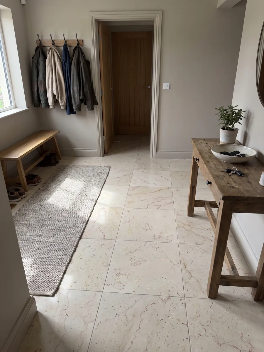 Piso de recibidor en placas grandes de Mármol Trani Filetto Rojo con luz natural: fondo crema con finos filamentos rojizos sinuosos y pequeños puntos oscuros aislados