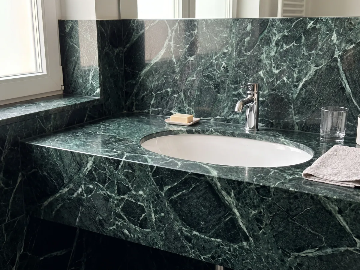Cubierta de lavabo y pared de baño en Mármol Verde Alpi con lavamanos blanco y grifería cromada: verde casi negro atravesado por una red tupida de vetas verde claro y blancas