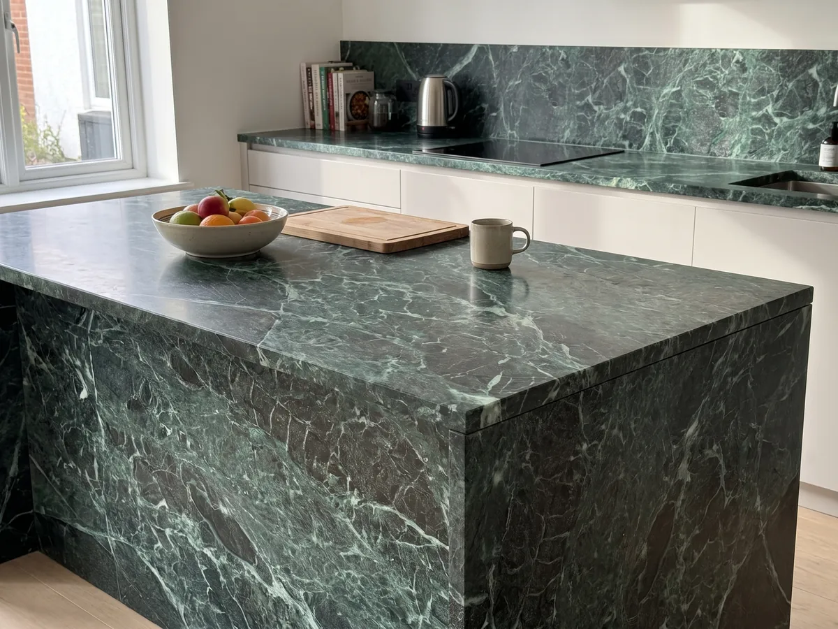 Isla de cocina con cubierta de Mármol Verde Alpi y canto recto en una cocina con luz natural: verde casi negro atravesado por una red tupida de vetas verde claro y blancas