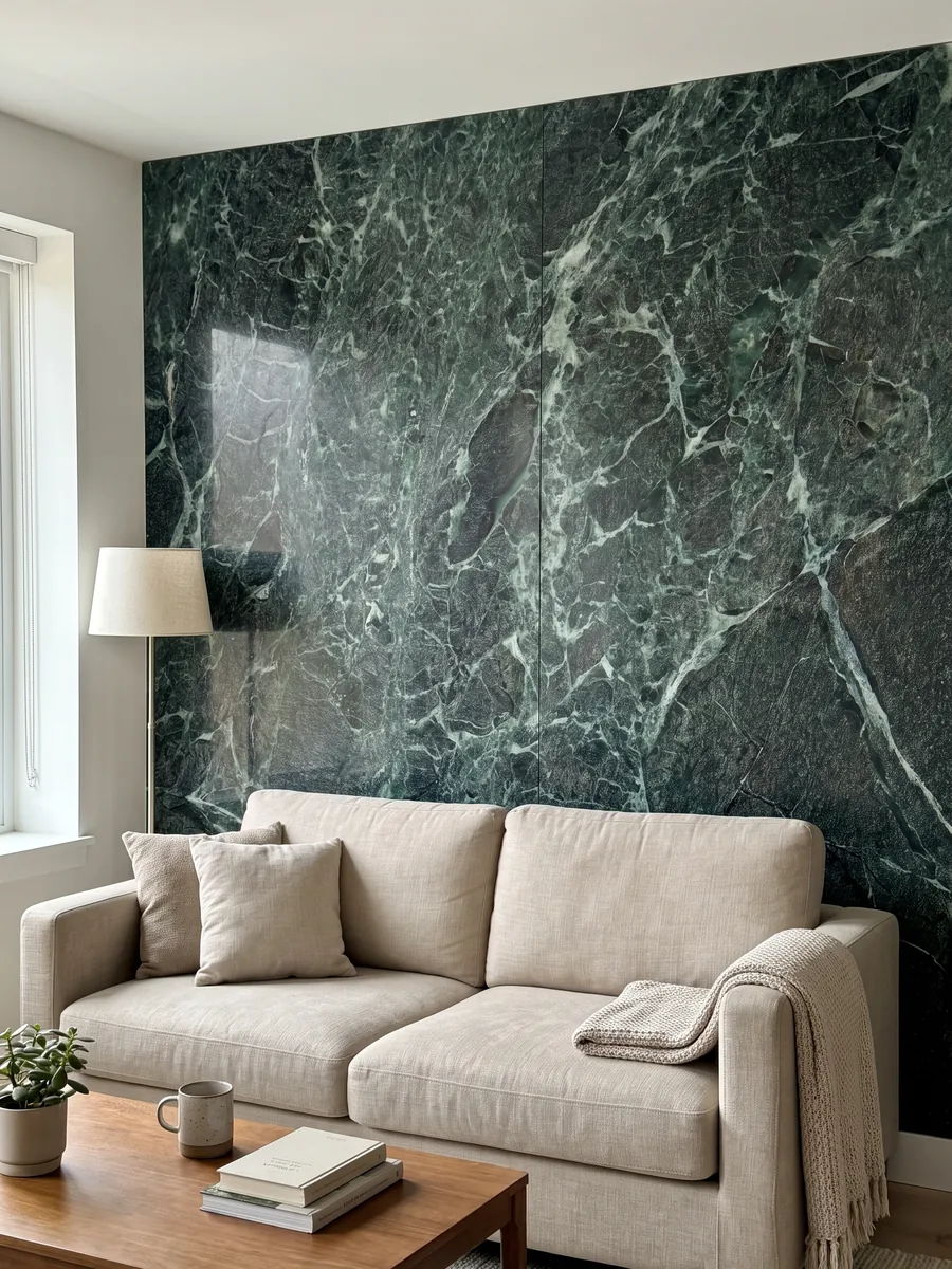 Pared de sala revestida con placas de Mármol Verde Alpi abiertas en libro detrás de un sofá: verde casi negro atravesado por una red tupida de vetas verde claro y blancas