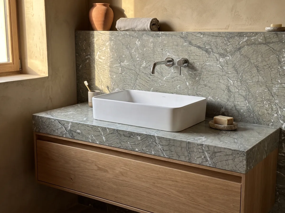 Cubierta de lavabo y pared de baño en Mármol Verde Antigua con lavamanos blanco y grifería cromada: gris verdoso con líneas onduladas finas y pequeños fragmentos blancos repartidos