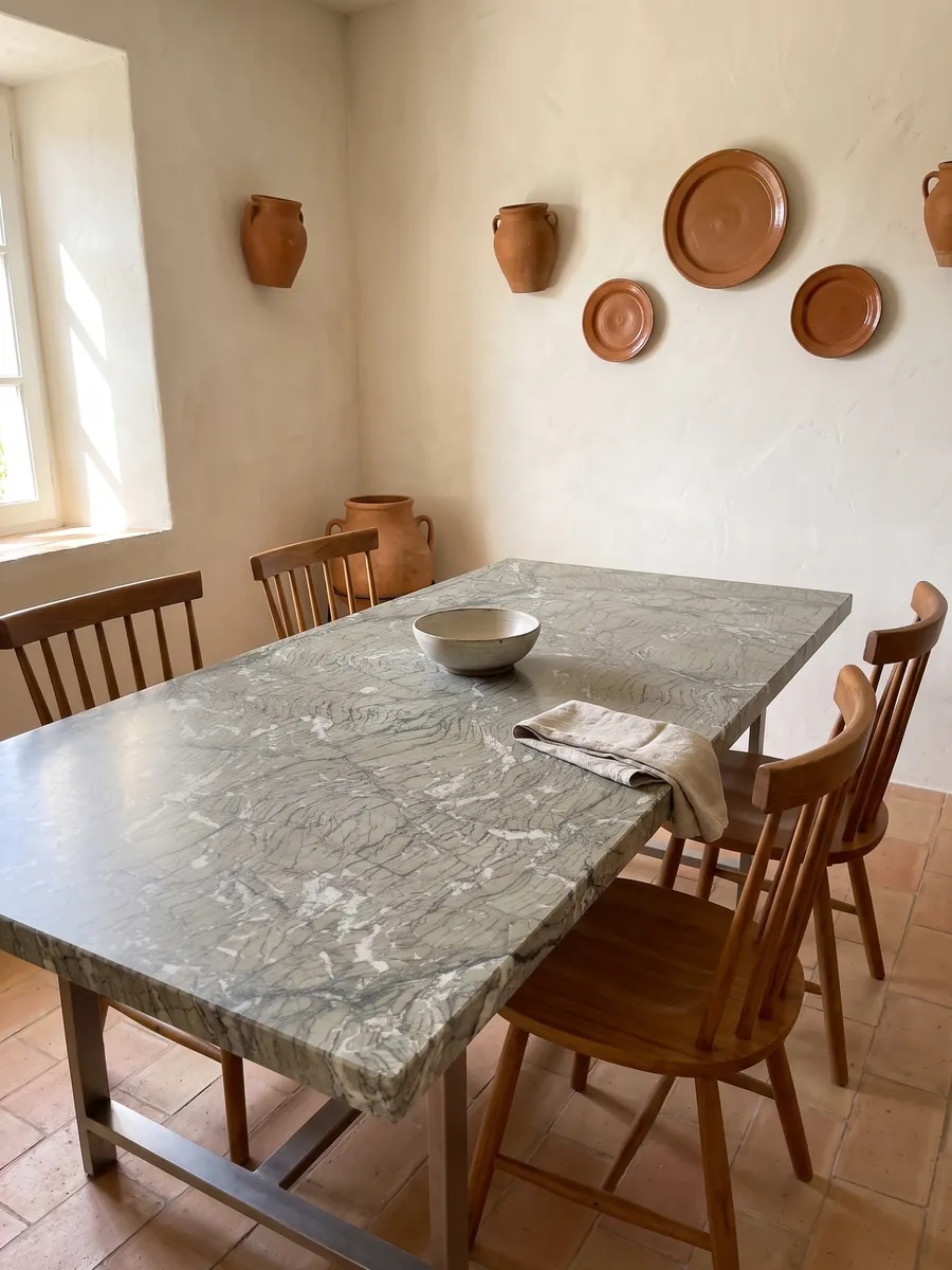 Mesa de comedor con cubierta de Mármol Verde Antigua sobre base de acero: gris verdoso con líneas onduladas finas y pequeños fragmentos blancos repartidos