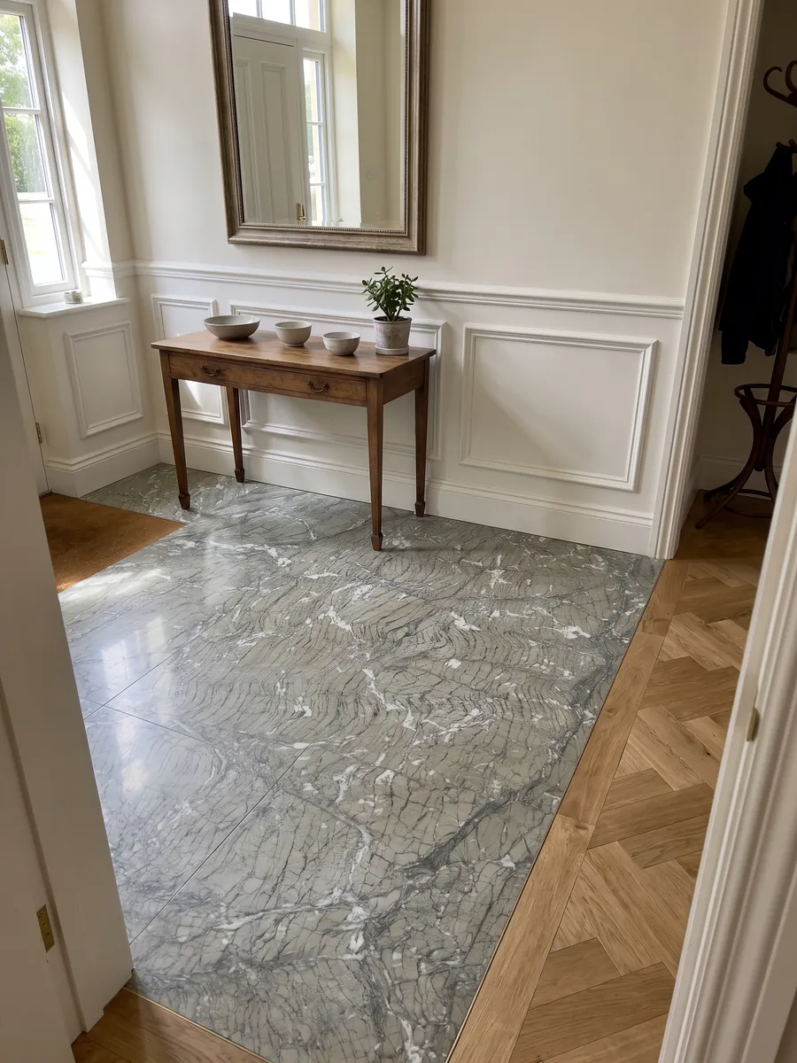 Piso de recibidor en placas grandes de Mármol Verde Antigua con luz natural: gris verdoso con líneas onduladas finas y pequeños fragmentos blancos repartidos