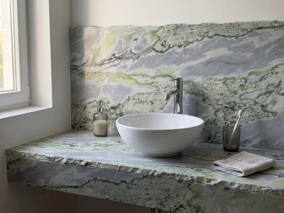 Cubierta de lavabo y pared de baño en mármol verde Bloody Mary con lavamanos blanco y grifería cromada: ondas de verde salvia y lima mezcladas con gris azulado; en la foto no se ve rojo