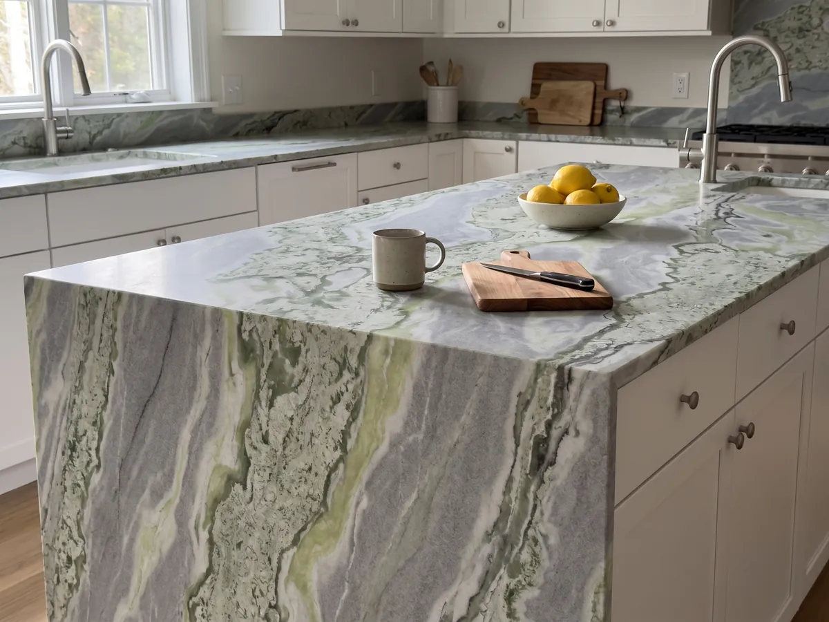 Isla de cocina con cubierta de mármol verde Bloody Mary y canto recto en una cocina con luz natural: ondas de verde salvia y lima mezcladas con gris azulado; en la foto no se ve rojo