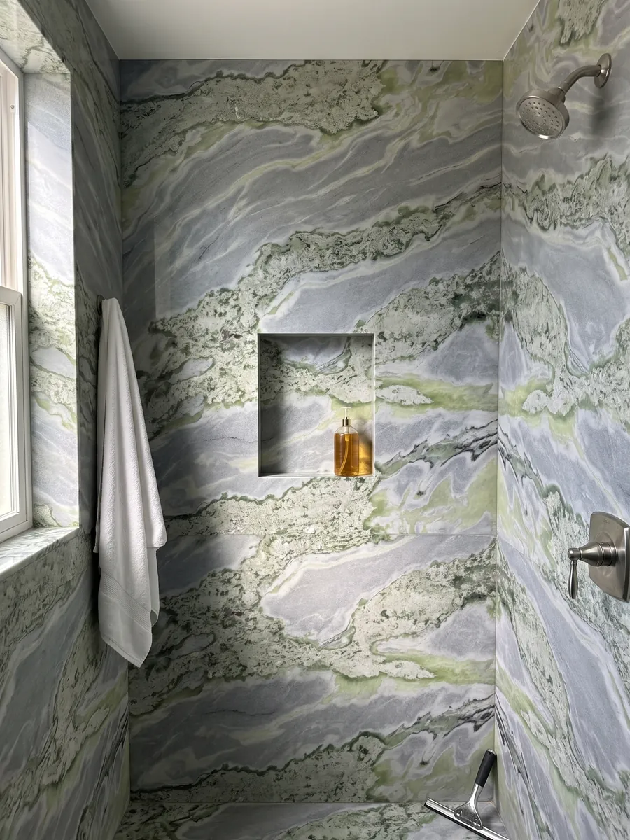 Ducha revestida con placas enteras de mármol verde Bloody Mary con nicho empotrado: ondas de verde salvia y lima mezcladas con gris azulado; en la foto no se ve rojo