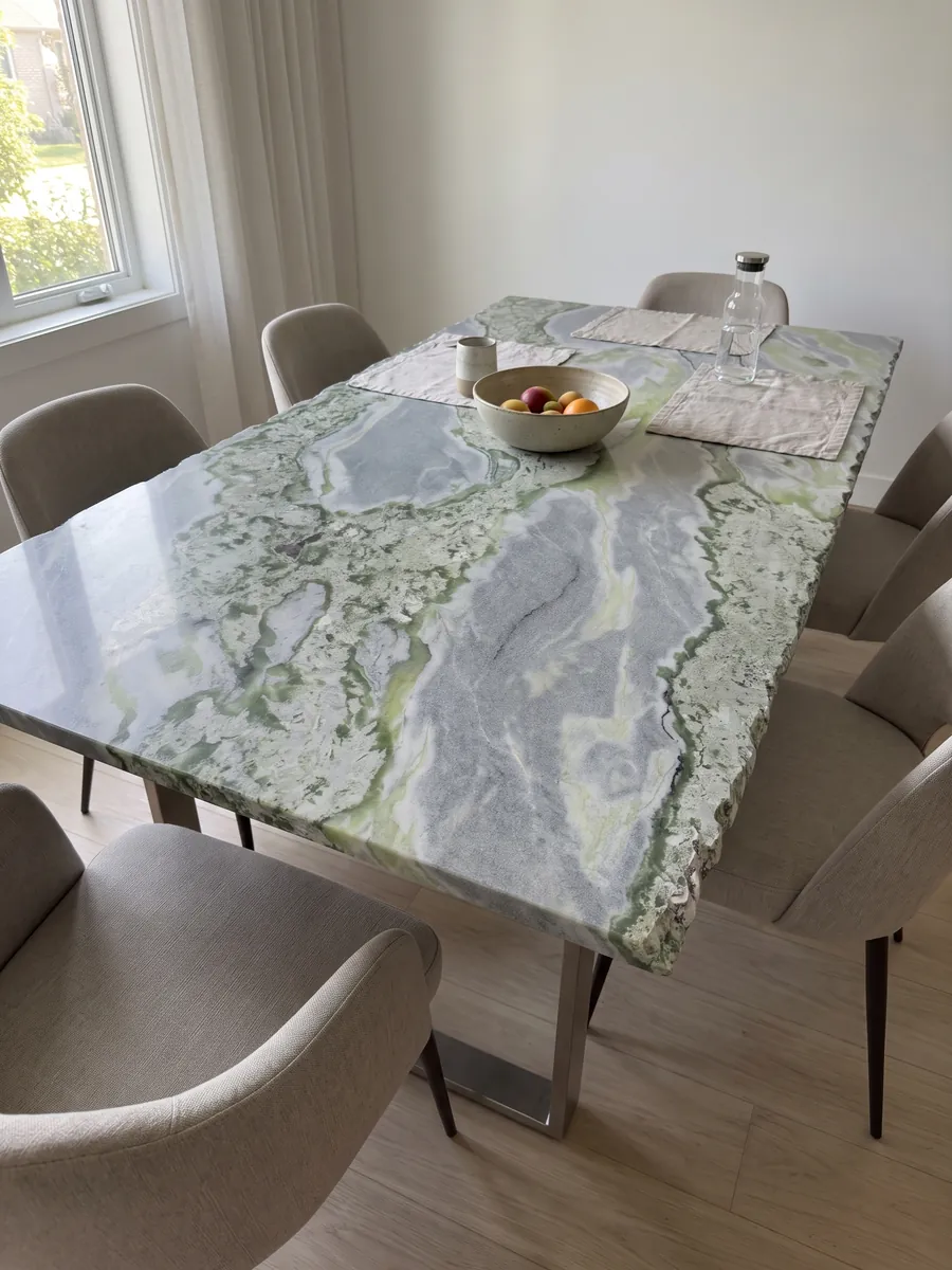 Mesa de comedor con cubierta de mármol verde Bloody Mary sobre base de acero: ondas de verde salvia y lima mezcladas con gris azulado; en la foto no se ve rojo
