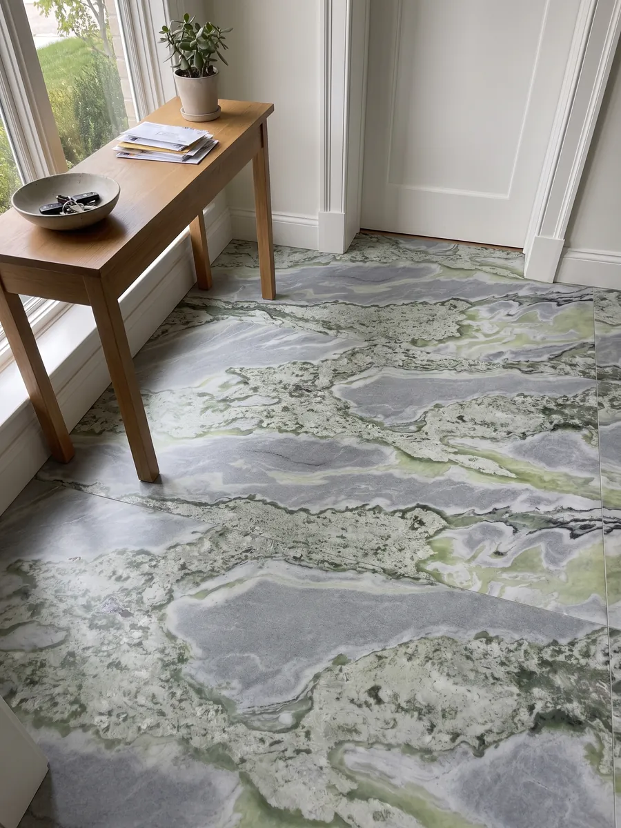 Piso de recibidor en placas grandes de mármol verde Bloody Mary con luz natural: ondas de verde salvia y lima mezcladas con gris azulado; en la foto no se ve rojo