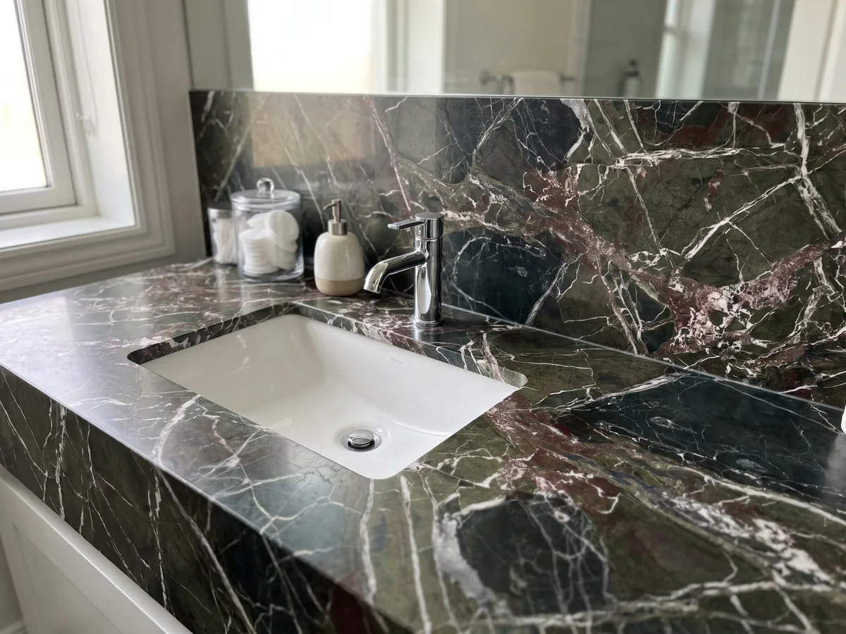 Cubierta de lavabo y pared de baño en mármol verde Breccia Imperiale con lavamanos blanco y grifería cromada: verde oscuro con red de vetas blancas rectas y pequeños toques rojo vino