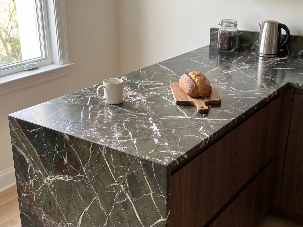 Isla de cocina con cubierta de mármol verde Breccia Imperiale y canto recto en una cocina con luz natural: verde oscuro con red de vetas blancas rectas y pequeños toques rojo vino
