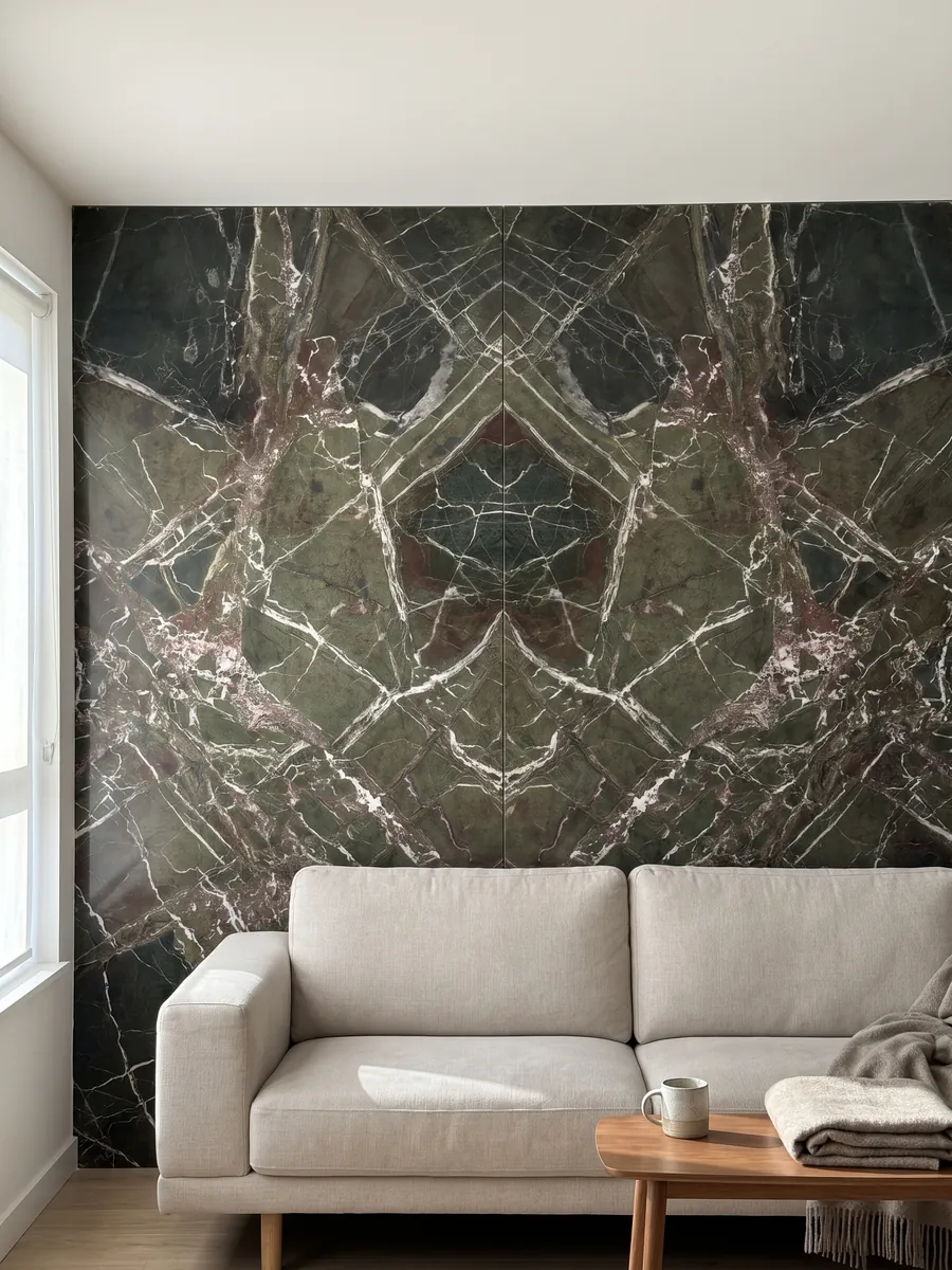 Pared de sala revestida con placas de mármol verde Breccia Imperiale abiertas en libro detrás de un sofá: verde oscuro con red de vetas blancas rectas y pequeños toques rojo vino