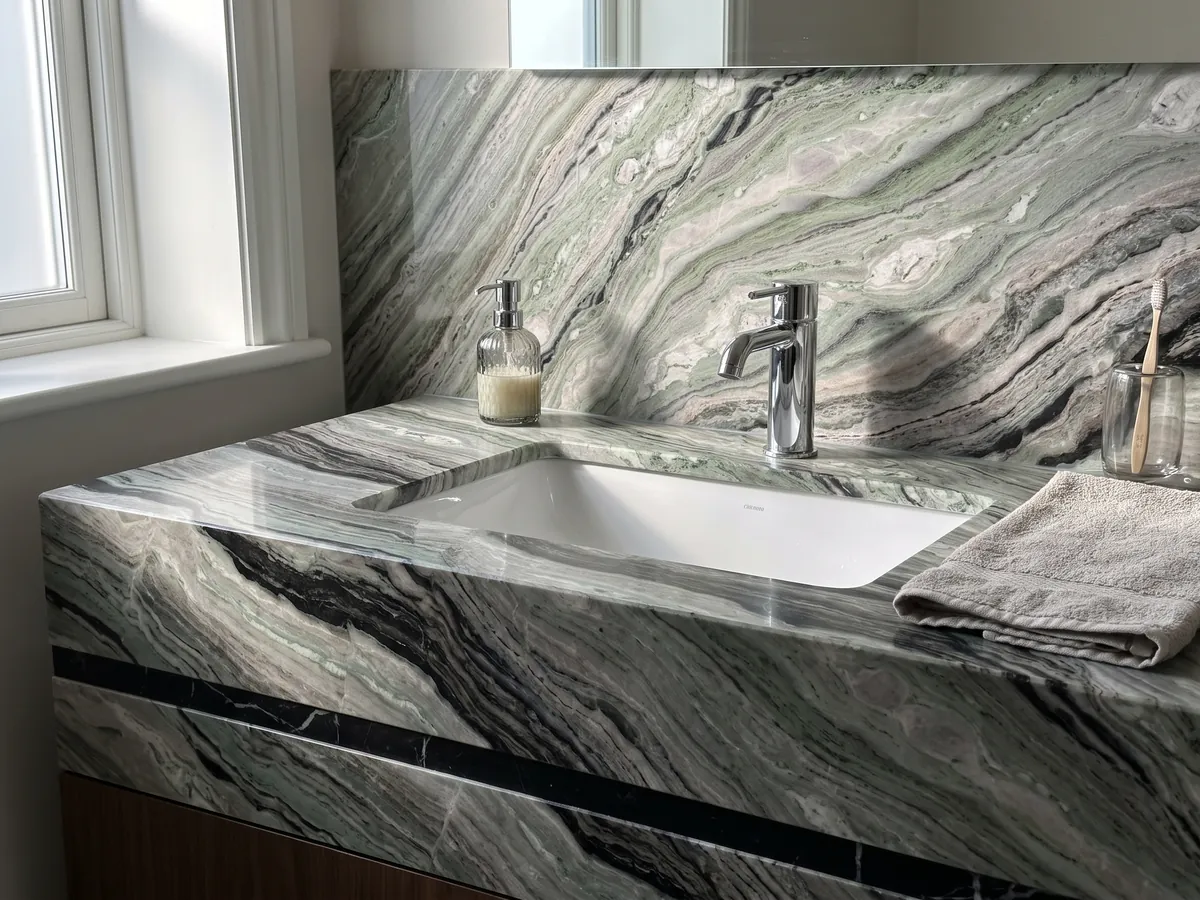Cubierta de lavabo y pared de baño en mármol verde Camellia Green con lavamanos blanco y grifería cromada: bandas finas onduladas verde grisáceo con una franja negra marcada abajo