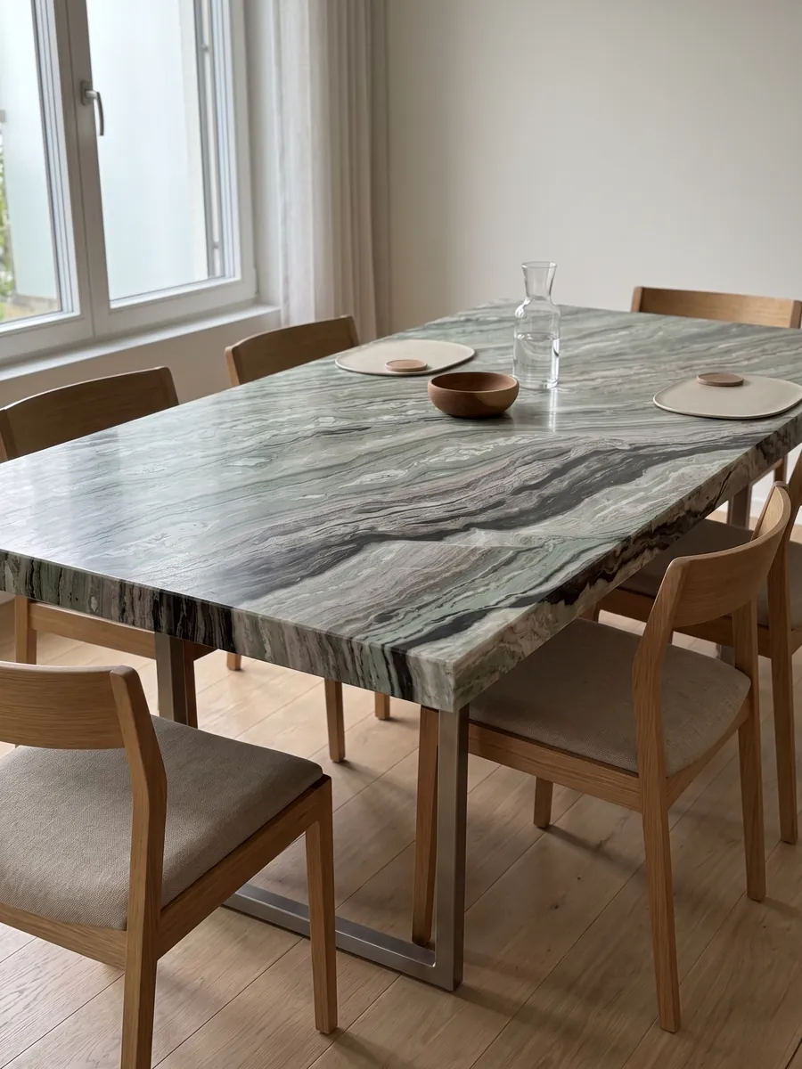Mesa de comedor con cubierta de mármol verde Camellia Green sobre base de acero: bandas finas onduladas verde grisáceo con una franja negra marcada abajo