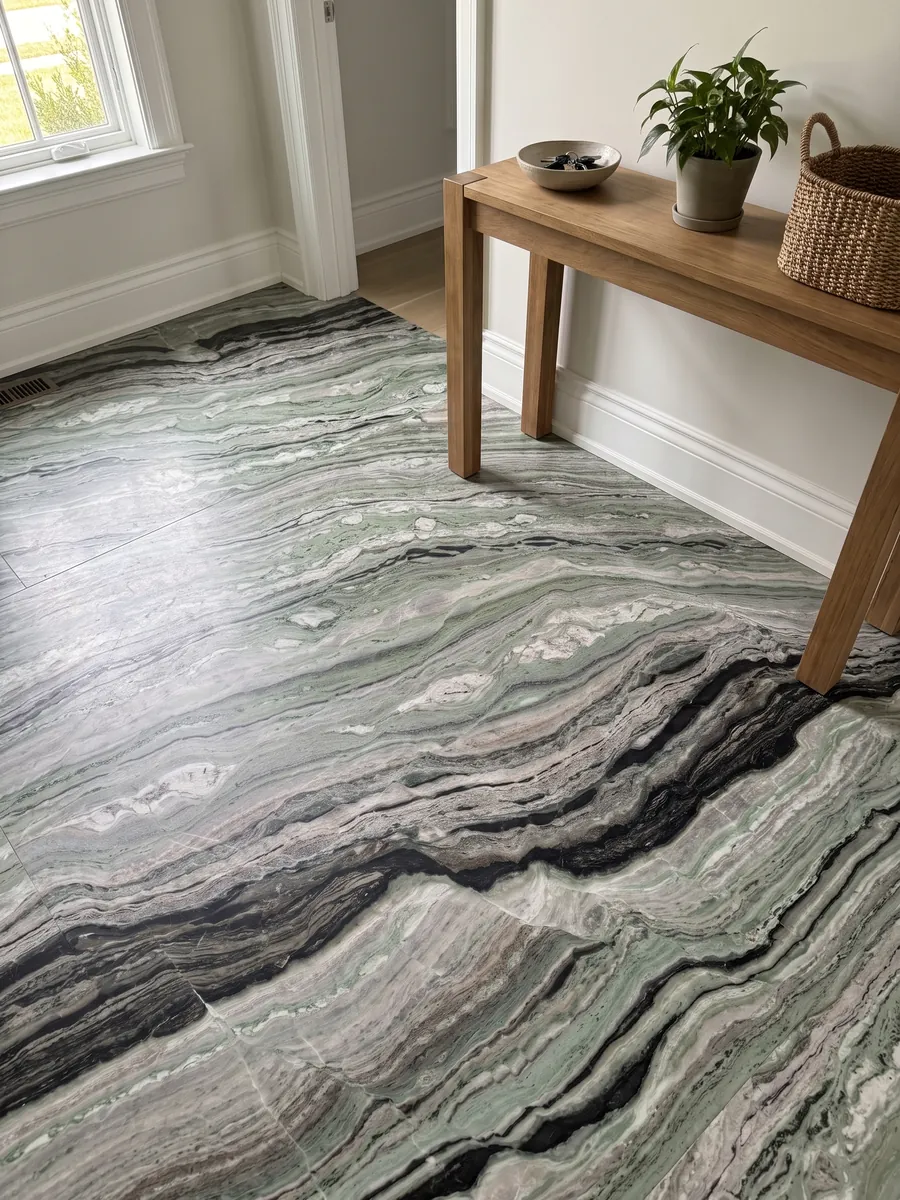 Piso de recibidor en placas grandes de mármol verde Camellia Green con luz natural: bandas finas onduladas verde grisáceo con una franja negra marcada abajo