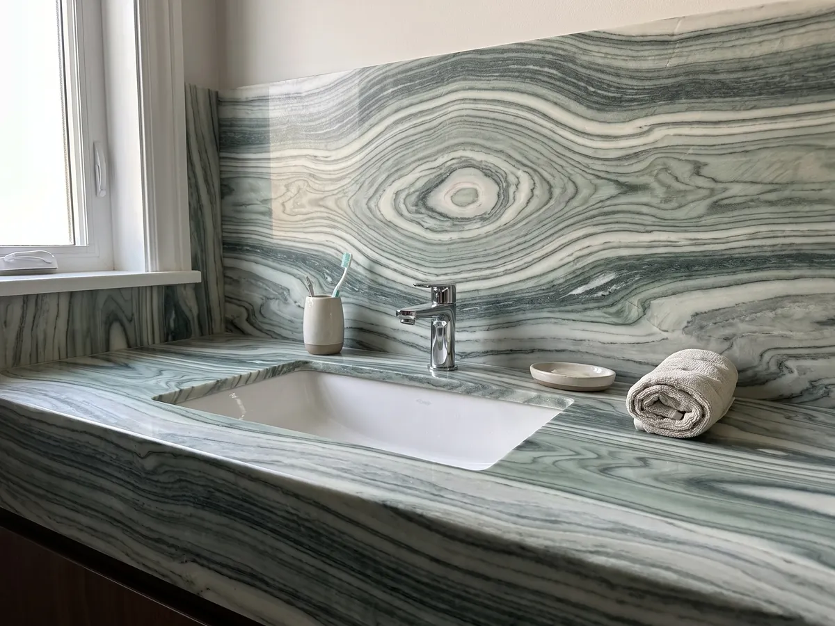 Cubierta de lavabo y pared de baño en mármol verde Cipollino con lavamanos blanco y grifería cromada: bandas onduladas verde oscuro y claro con forma de ojo en el centro