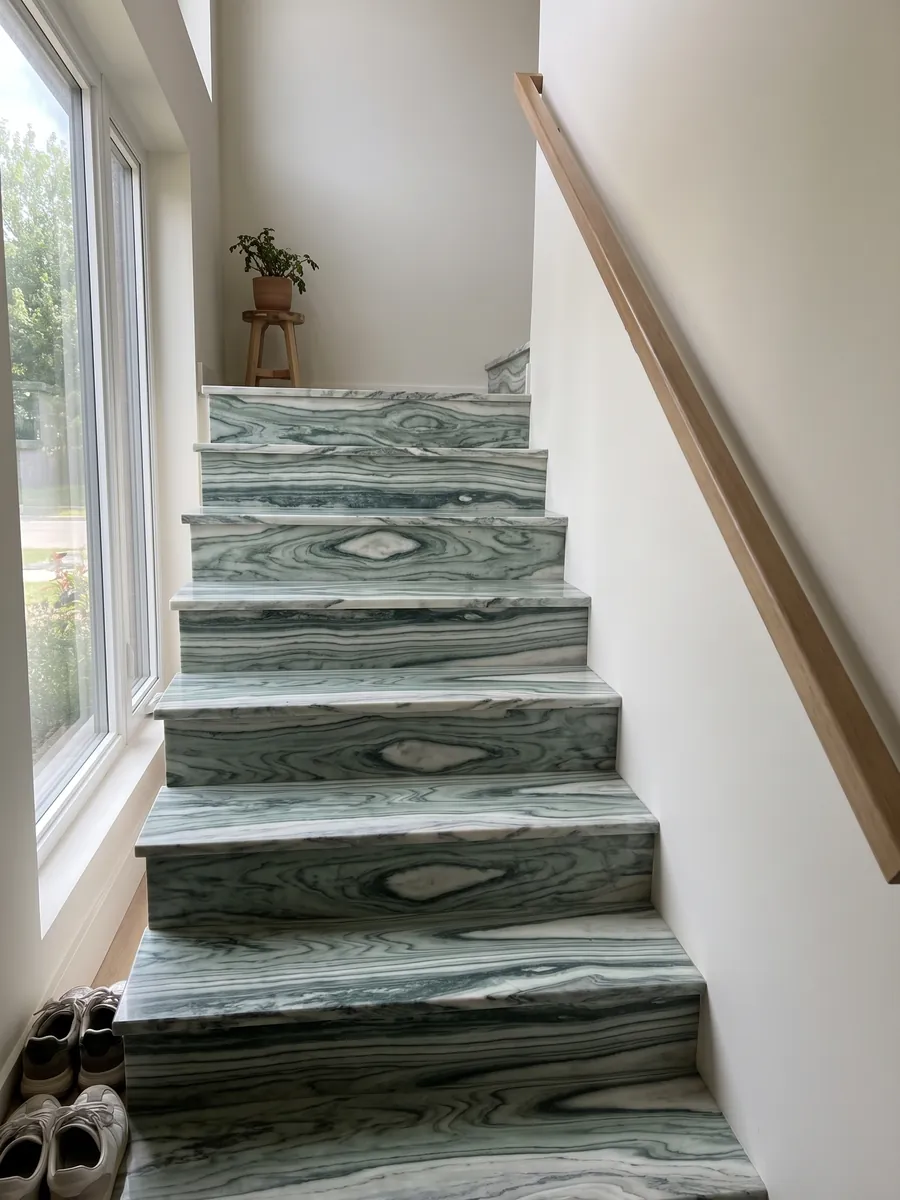 Escalera interior con peldaños de mármol verde Cipollino con pasamanos: bandas onduladas verde oscuro y claro con forma de ojo en el centro