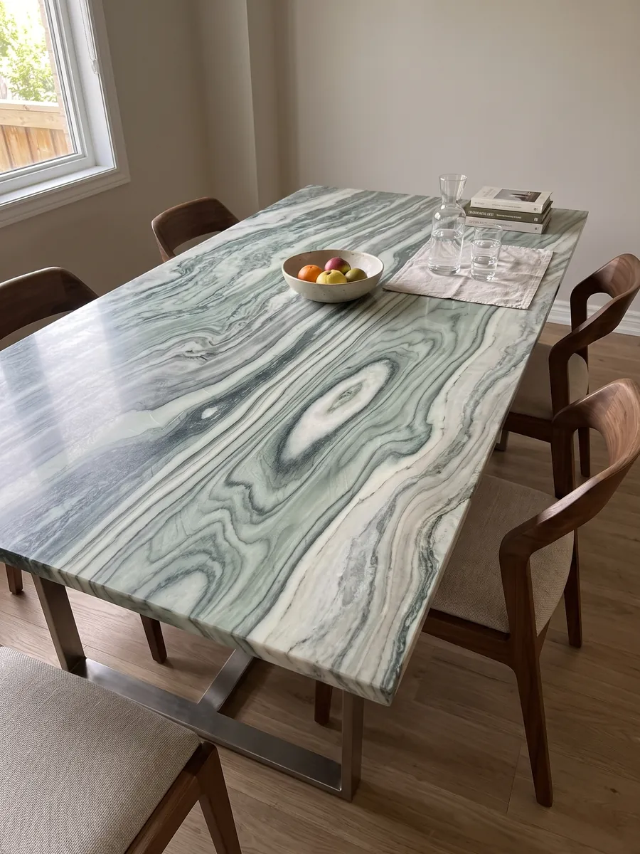 Mesa de comedor con cubierta de mármol verde Cipollino sobre base de acero: bandas onduladas verde oscuro y claro con forma de ojo en el centro