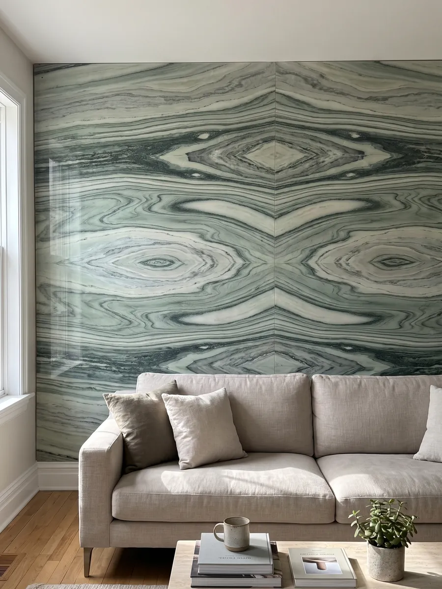 Pared de sala revestida con placas de mármol verde Cipollino abiertas en libro detrás de un sofá: bandas onduladas verde oscuro y claro con forma de ojo en el centro