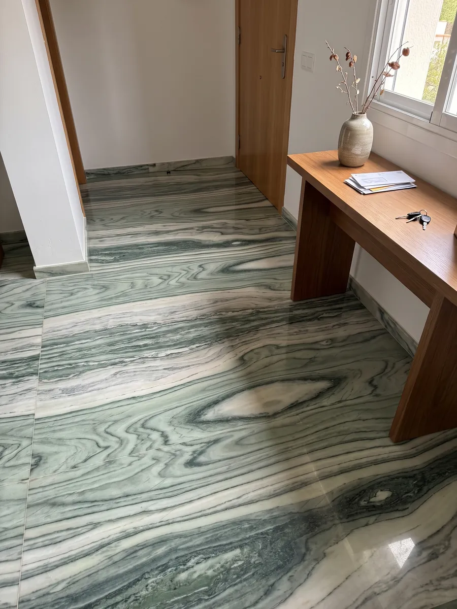 Piso de recibidor en placas grandes de mármol verde Cipollino con luz natural: bandas onduladas verde oscuro y claro con forma de ojo en el centro