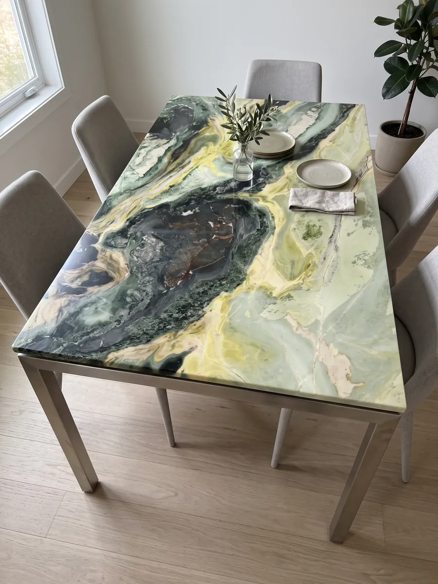 Mesa de comedor con cubierta de mármol verde Dream Green sobre base de acero: ondas verde oscuro y amarillo lima con una zona central muy oscura