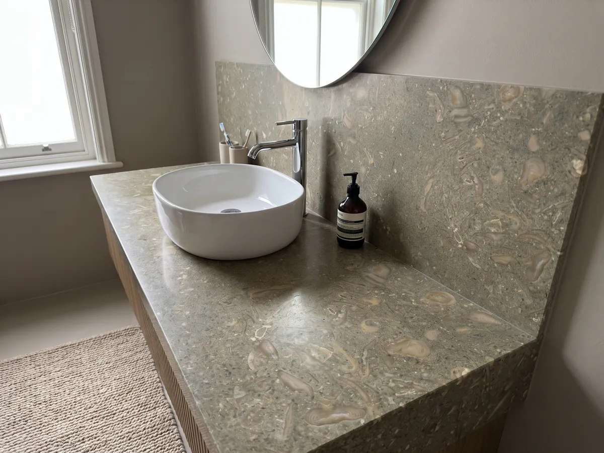 Cubierta de lavabo y pared de baño en mármol verde Fossil Green con lavamanos blanco y grifería cromada: verde oliva moteado con siluetas de conchas fósiles en tono más claro