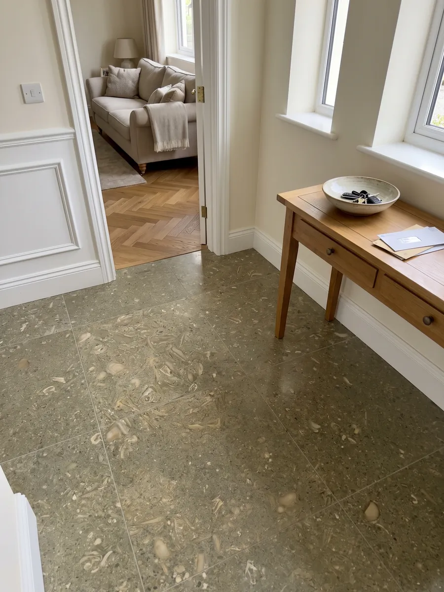 Piso de recibidor en placas grandes de mármol verde Fossil Green con luz natural: verde oliva moteado con siluetas de conchas fósiles en tono más claro