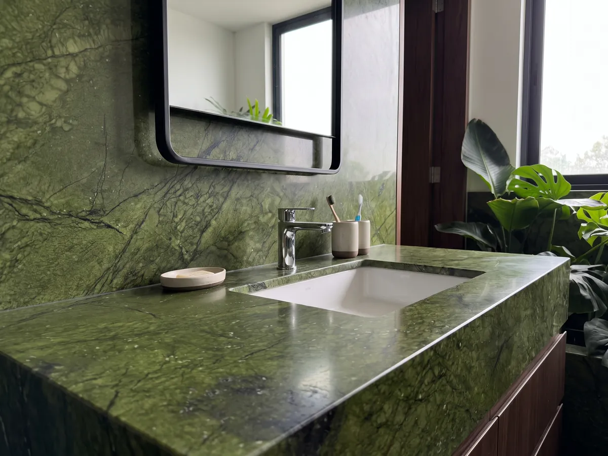 Cubierta de lavabo y pared de baño en Mármol Verde Giada con lavamanos blanco y grifería cromada: verde oliva intenso con nubes de tono y finas grietas oscuras; una mancha oscura abajo a la izquierda