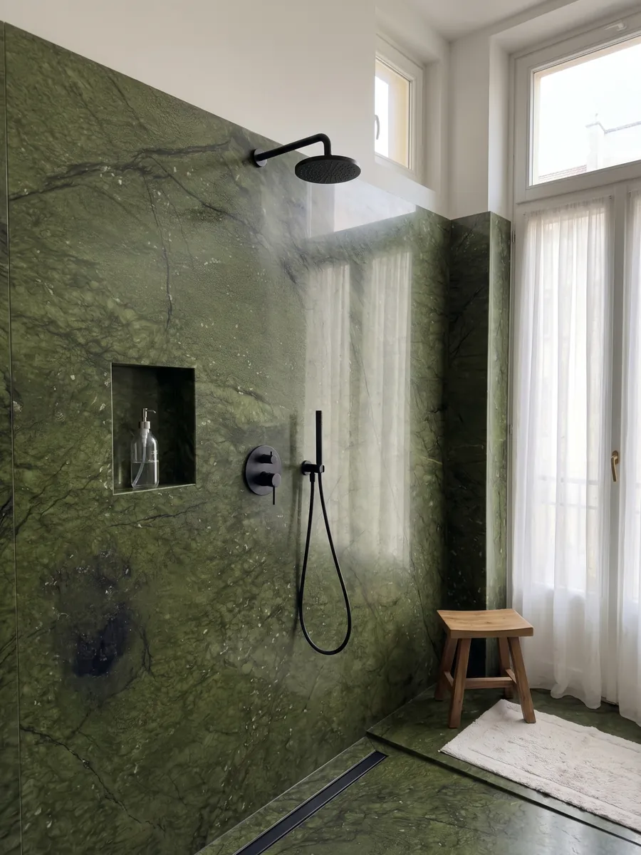 Ducha revestida con placas enteras de Mármol Verde Giada con nicho empotrado: verde oliva intenso con nubes de tono y finas grietas oscuras; una mancha oscura abajo a la izquierda