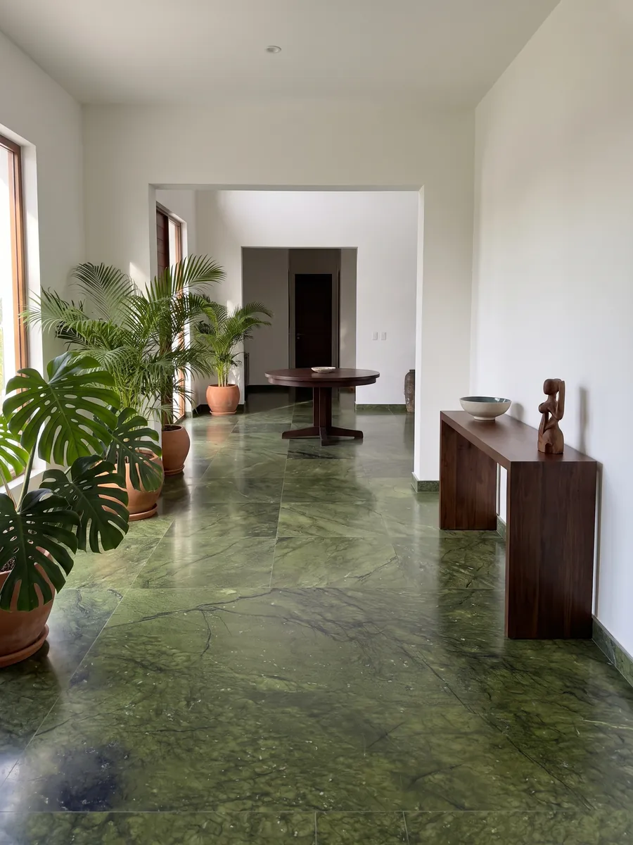 Piso de recibidor en placas grandes de Mármol Verde Giada con luz natural: verde oliva intenso con nubes de tono y finas grietas oscuras; una mancha oscura abajo a la izquierda