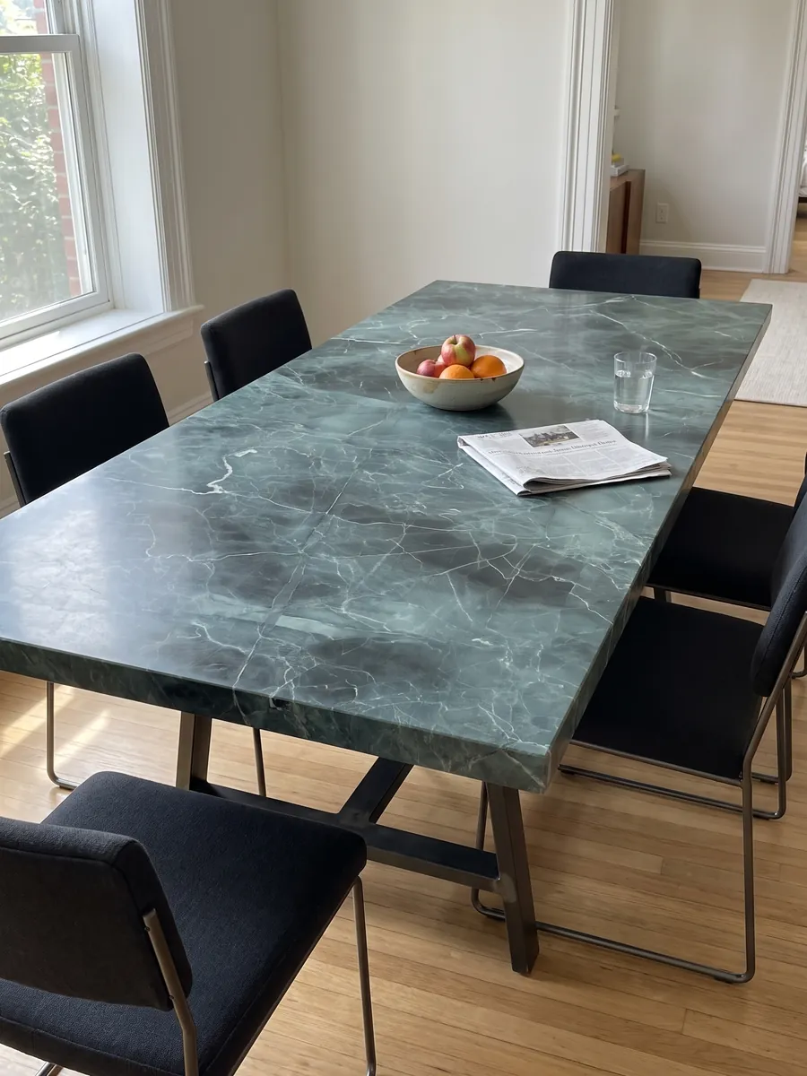 Mesa de comedor con cubierta de mármol verde Green Algae sobre base de acero: verde azulado con nubes más oscuras y una red de vetas blancas finas