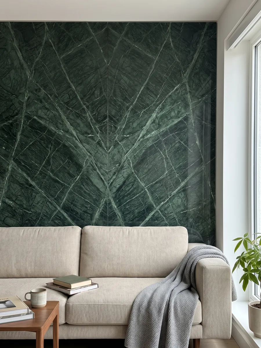 Pared de sala revestida con placas de Mármol Verde Guatemala abiertas en libro detrás de un sofá: verde bosque con una malla de vetas más claras que cruzan en diagonal